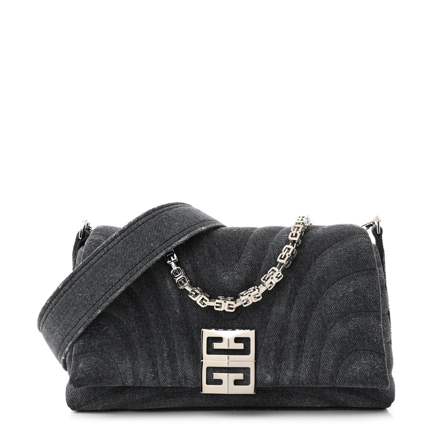 Distressed Denim Quilted Small 4G Shoulder Bag Black