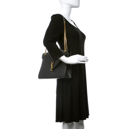 Saint Laurent Smooth Calfskin Matelasse Chevron Large Monogram Satchel Black 3 of 14
