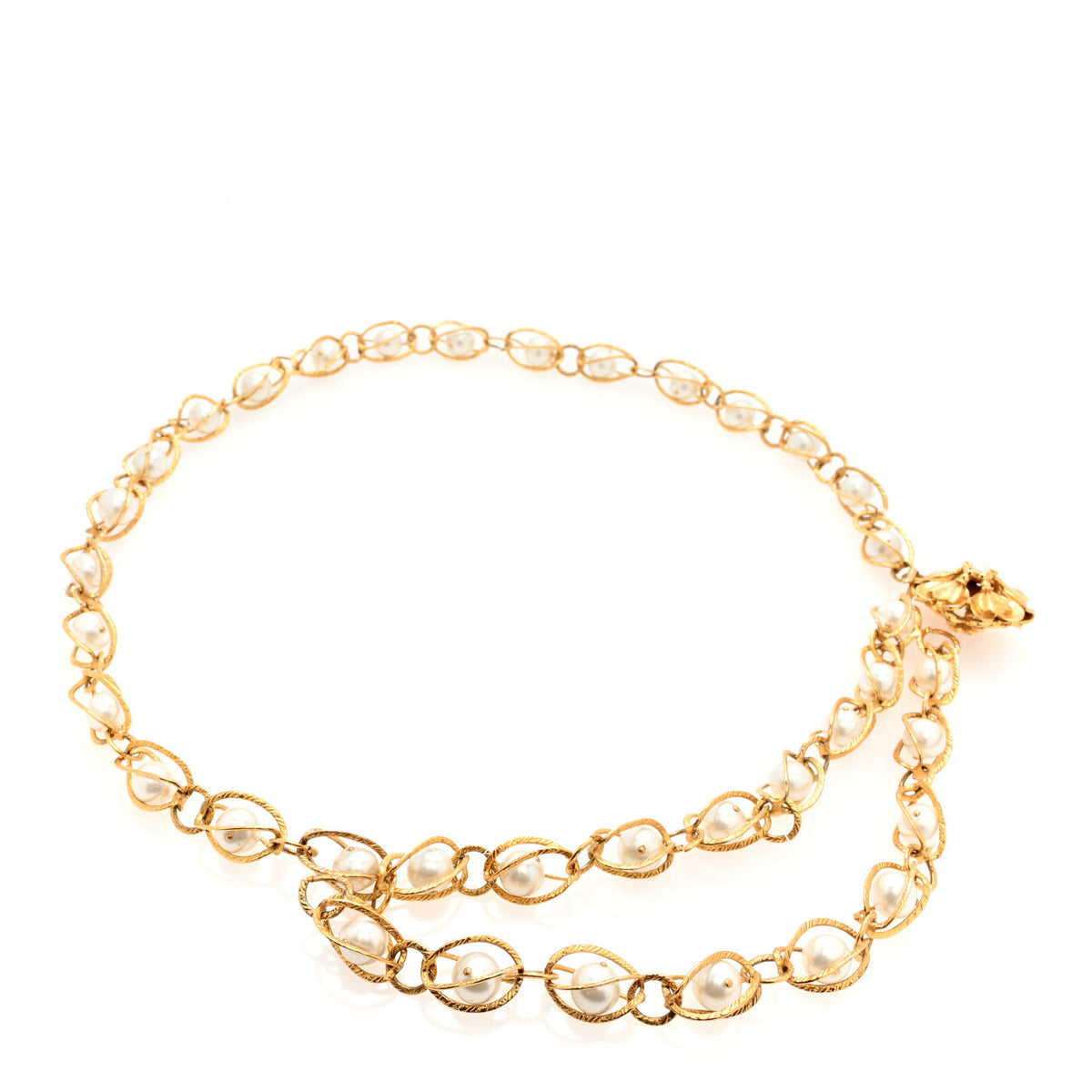 Metal CC Caged Pearls Chain Belt  Gold