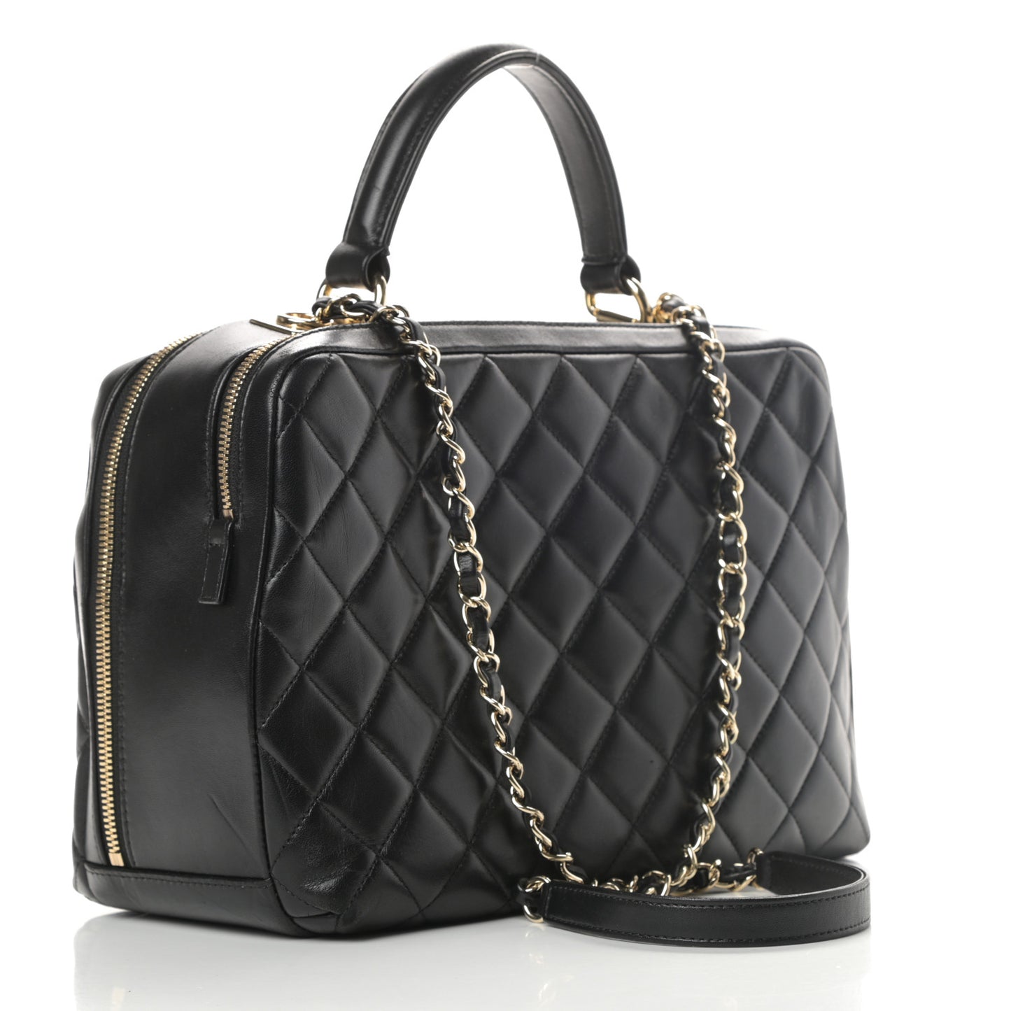 Lambskin Quilted Large Trendy CC Bowling Bag Black