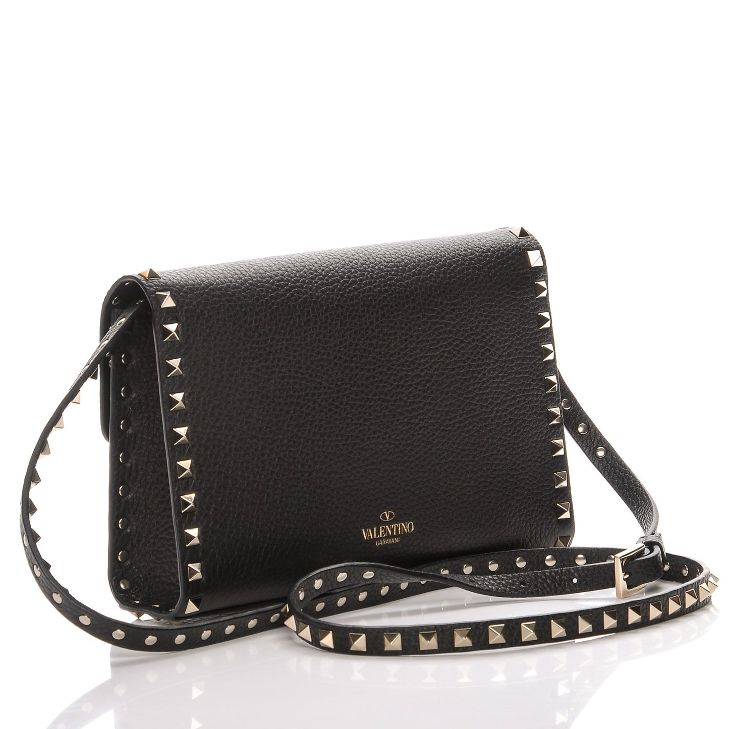 Pebbled Calfskin Medium Rockstud Flip Lock Crossbody Bag Black