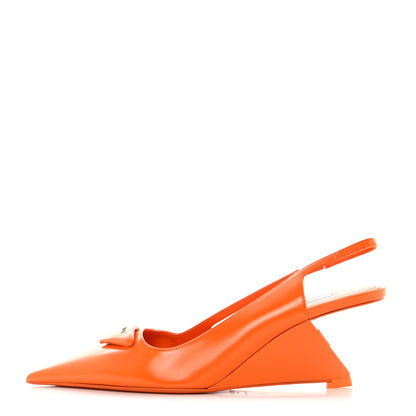 Prada Brushed Calfskin Logo Pointed Toe Slingback Wedges 38 Orange 1 of 10