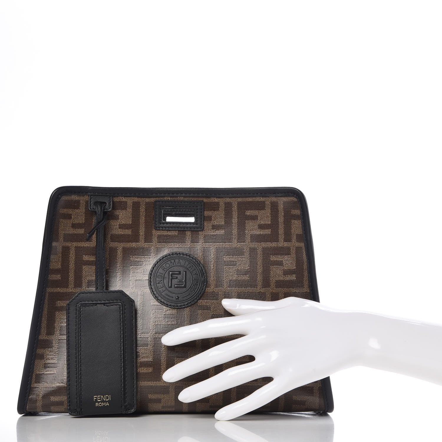 Fendi Glazed Fabric Vitello Century FF 1974 Stamp Patch Mini Peekaboo Defender Cover Mogano Panna Black 2 of 9