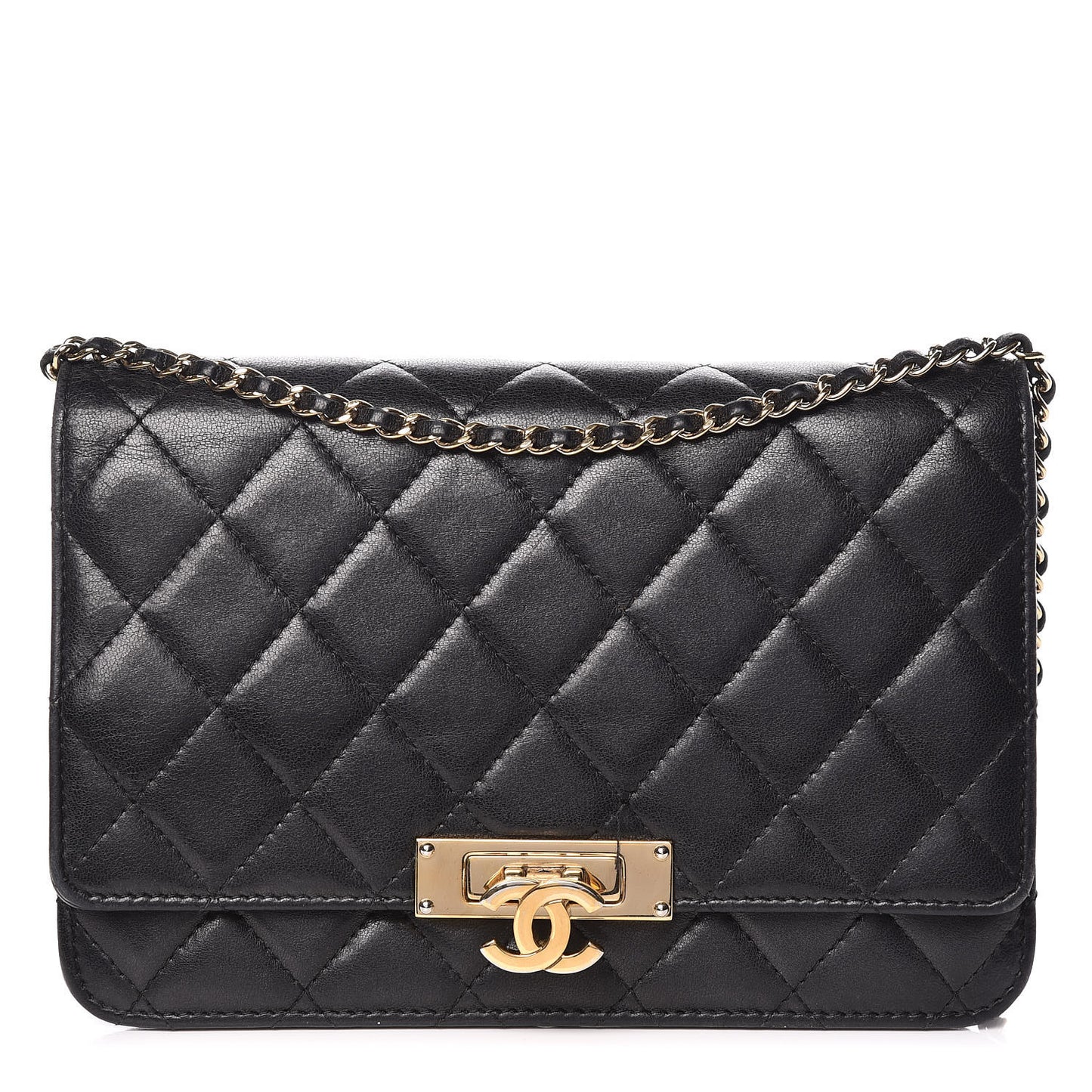 Lambskin Quilted Golden Class Wallet on Chain WOC Black