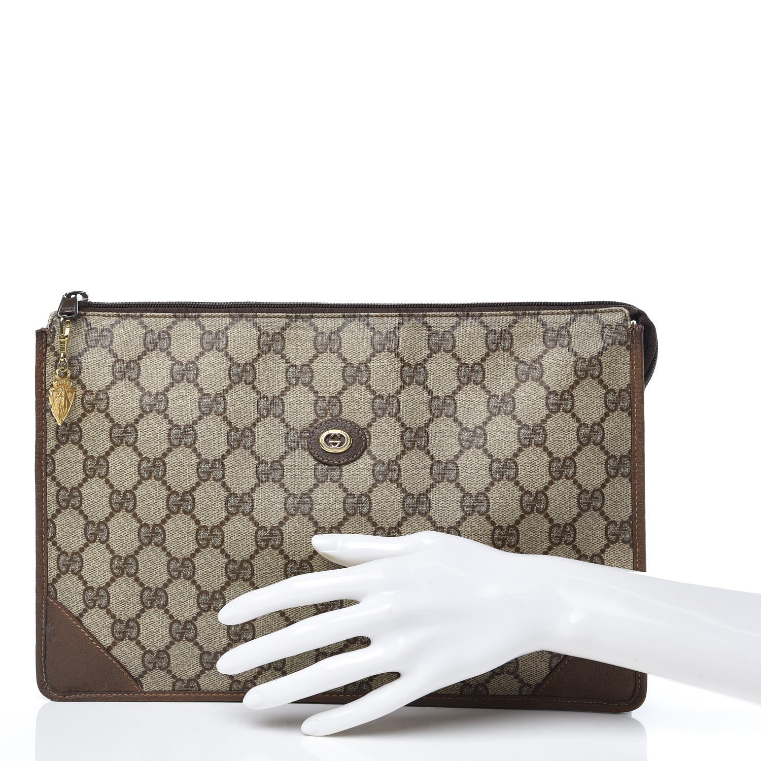 Gucci GG Supreme Monogram Large Zip Pouch Beige Brown 2 of 12