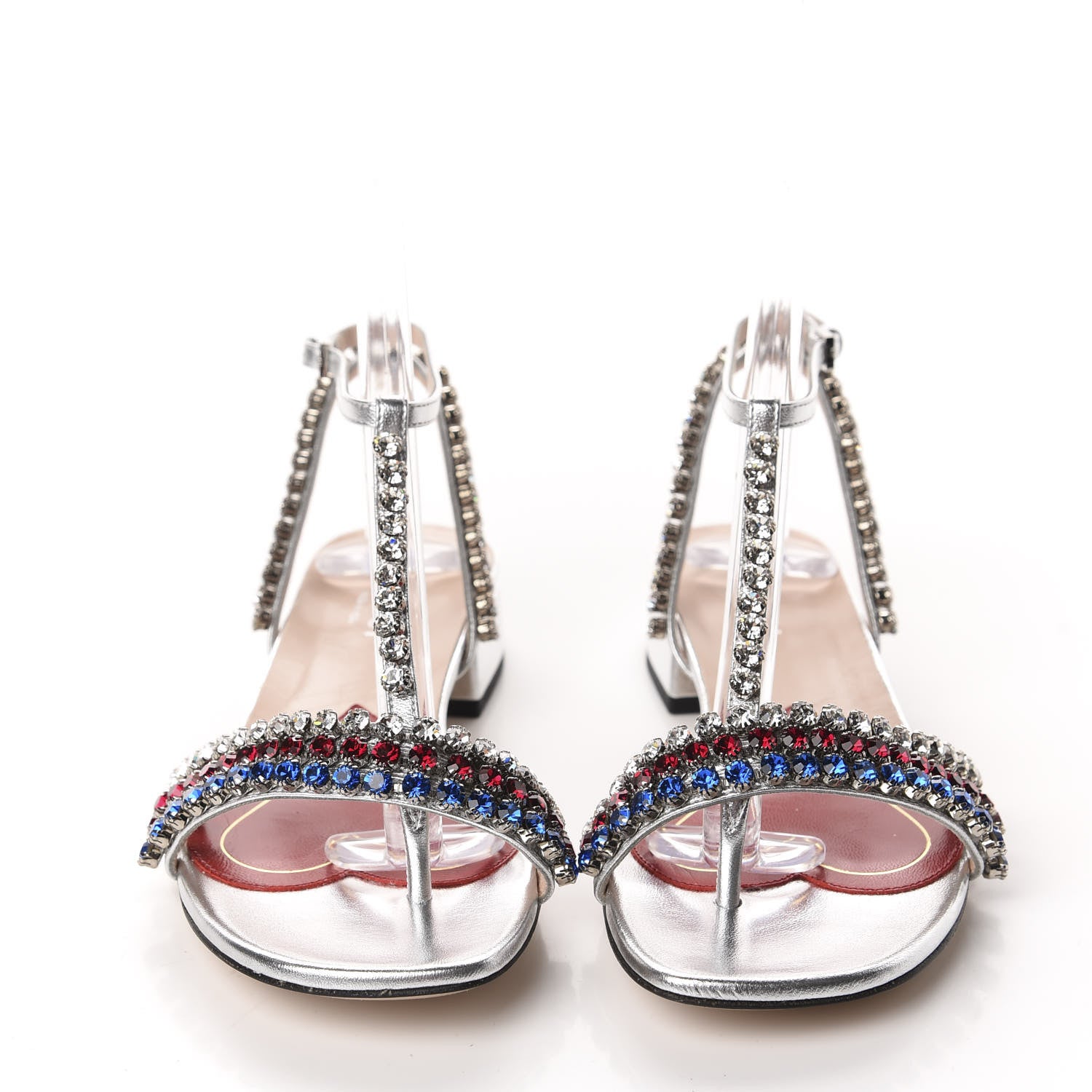 Gucci Nappa Silk Crystal Bertie T-Strap Low Heel Sandals 35 Argento 2 of 9