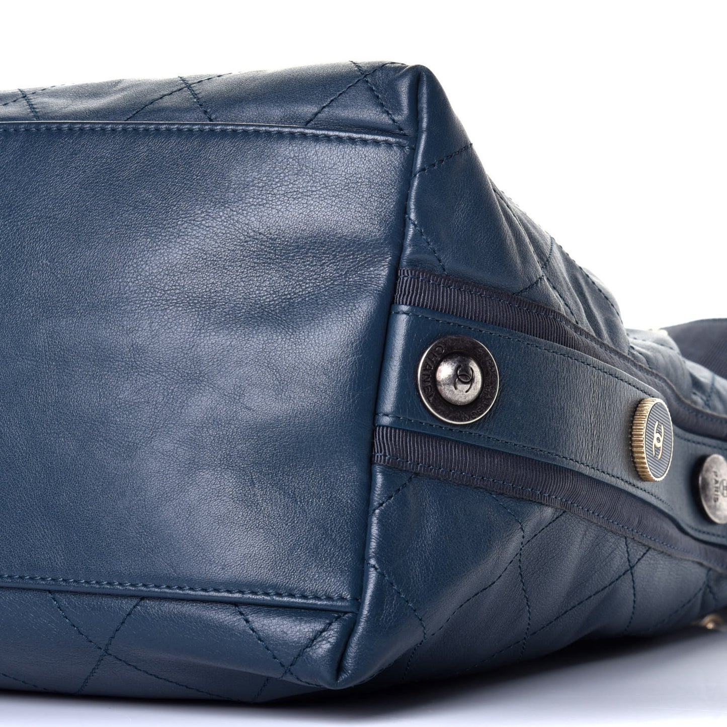 Calfskin Stitched Large Button Up Hobo Dark Blue