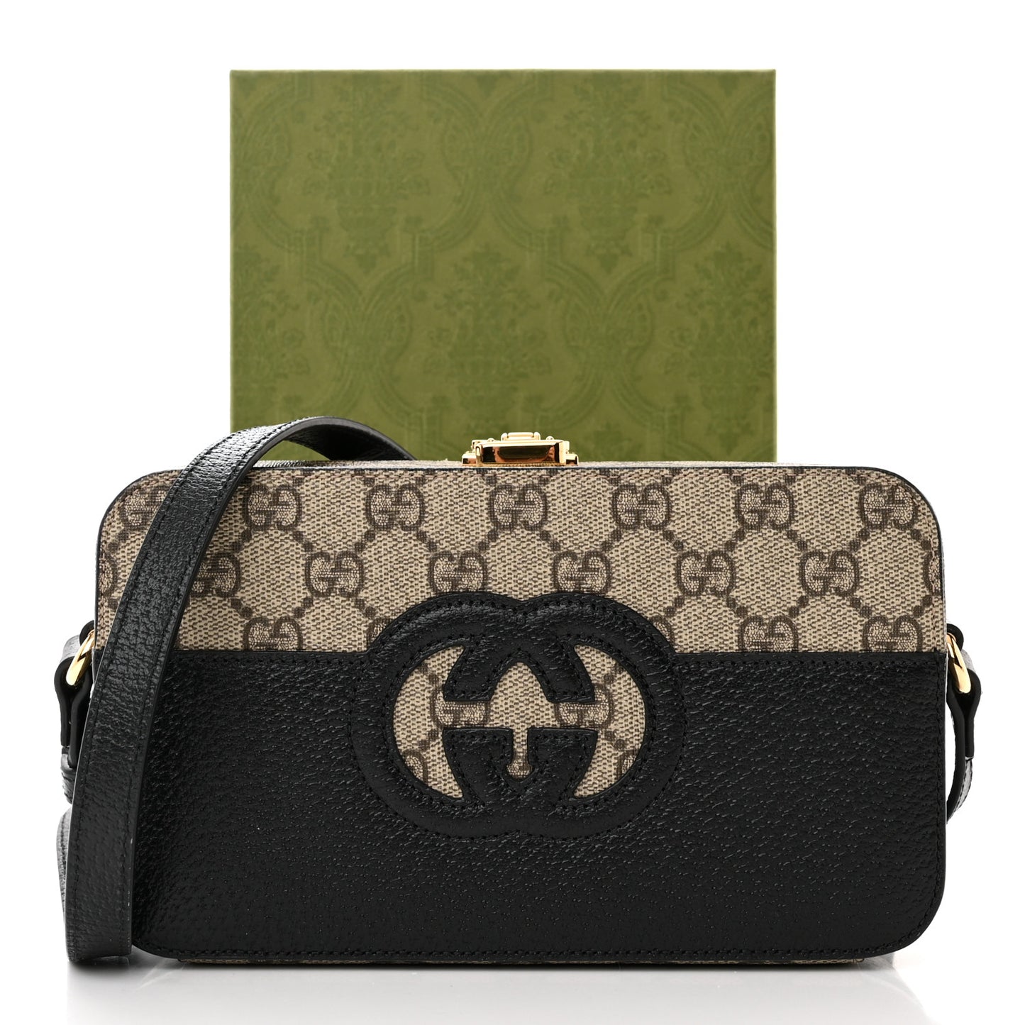 GG Supreme Monogram Textured Dollar Calfskin Mini New Basket Shoulder Bag Beige Ebony Black