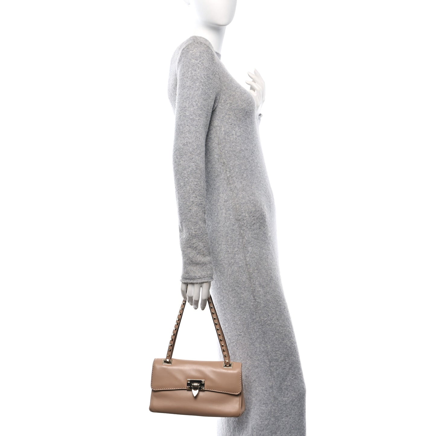 Vitello Rockstud Flip Lock Shoulder Flap Bag Beige