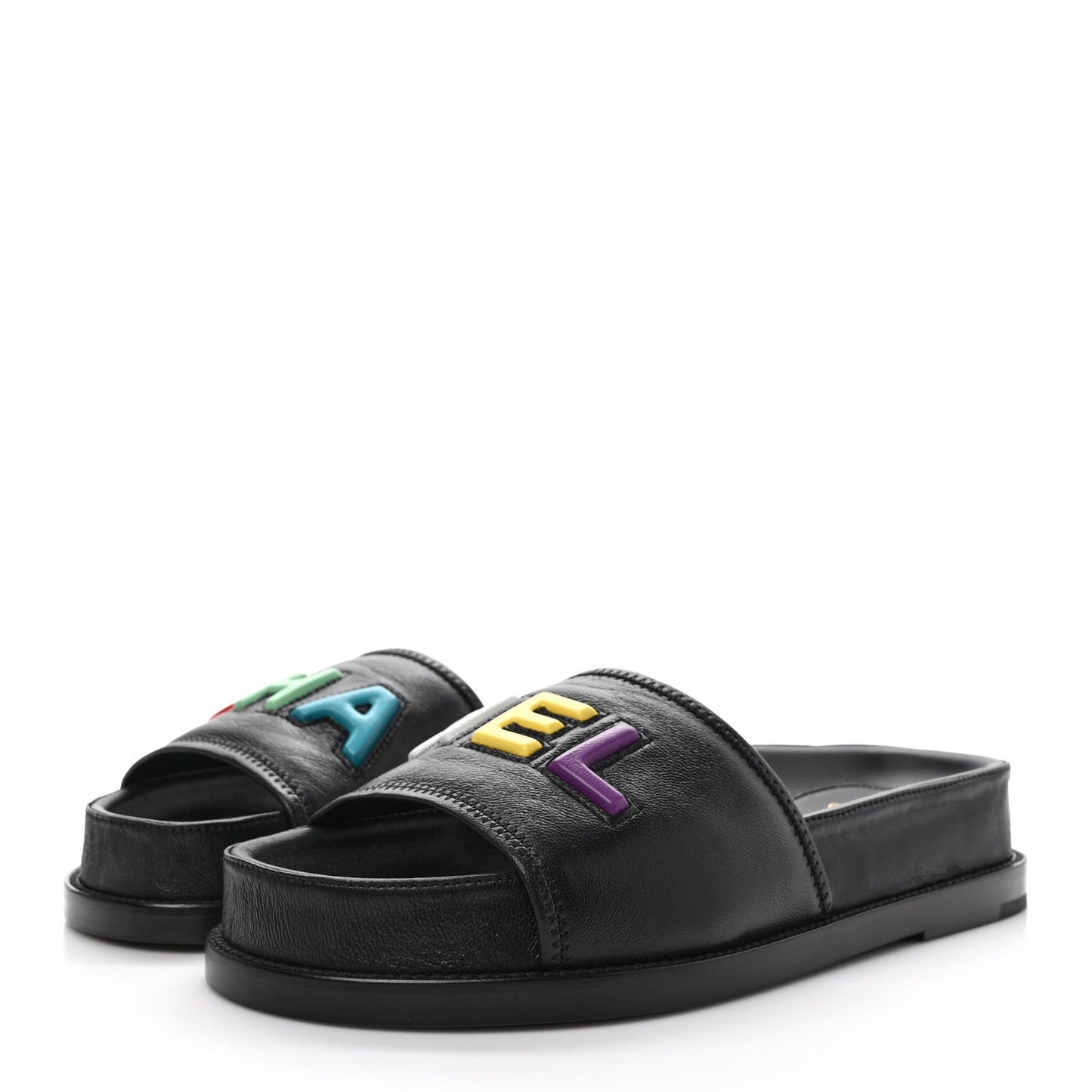 Lambskin Cha-Nel Mule Sandals 37.5 Black Multicolor