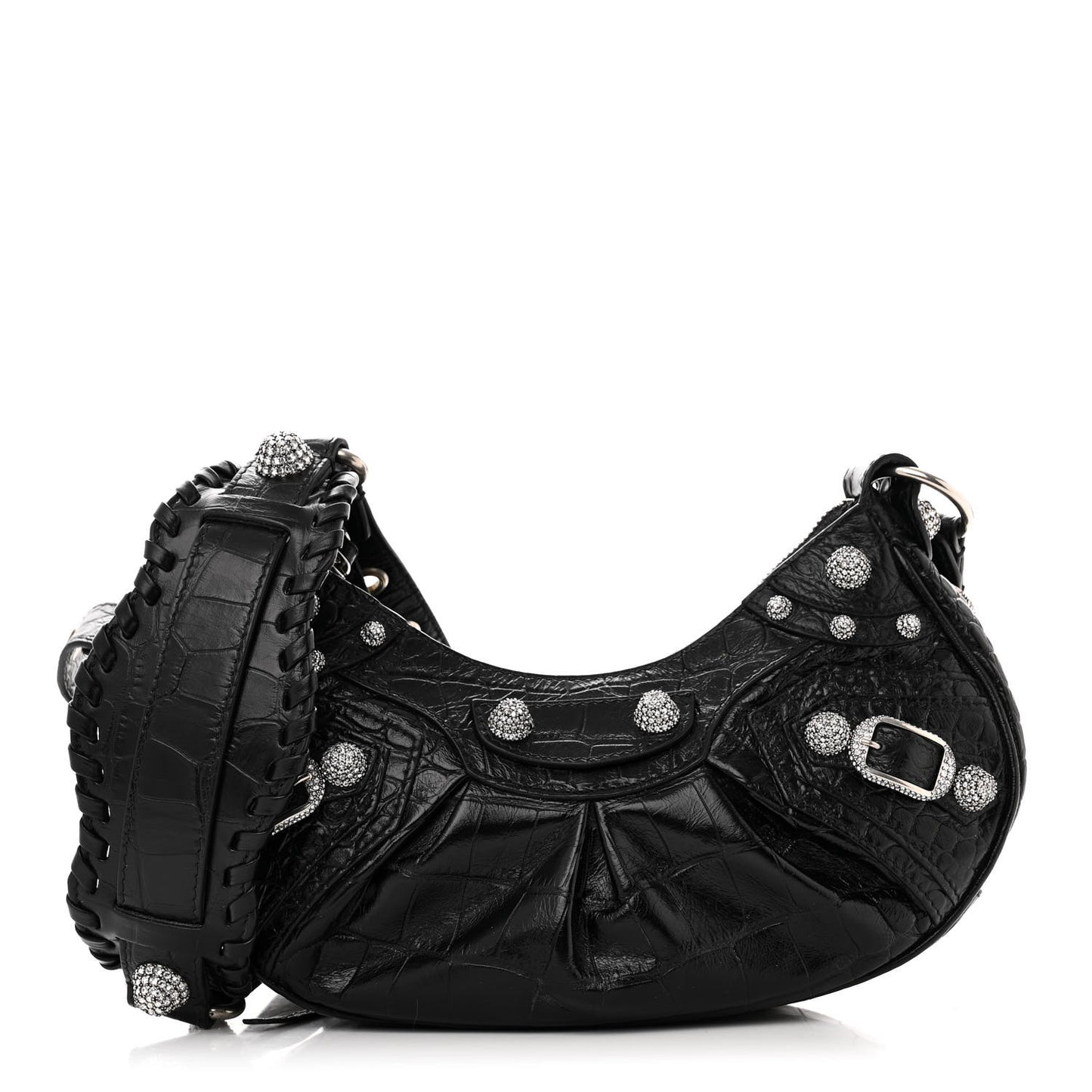 Extra Supple Calfskin Crystal Crocodile Embossed Le Cagole Shoulder Bag XS Black