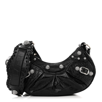 Balenciaga Extra Supple Calfskin Crystal Crocodile Embossed Le Cagole Shoulder Bag XS Black 1 of 10