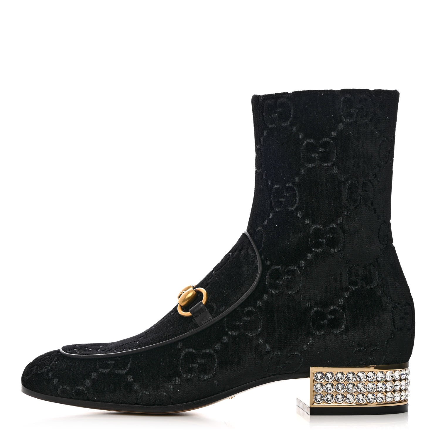 Gucci Velvet GG Monogram Crystal Horsebit Ankle Boots 37.5 Black 1 of 9