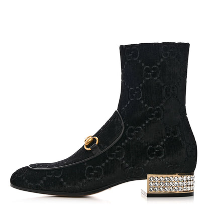 Gucci Velvet GG Monogram Crystal Horsebit Ankle Boots 37.5 Black 1 of 9