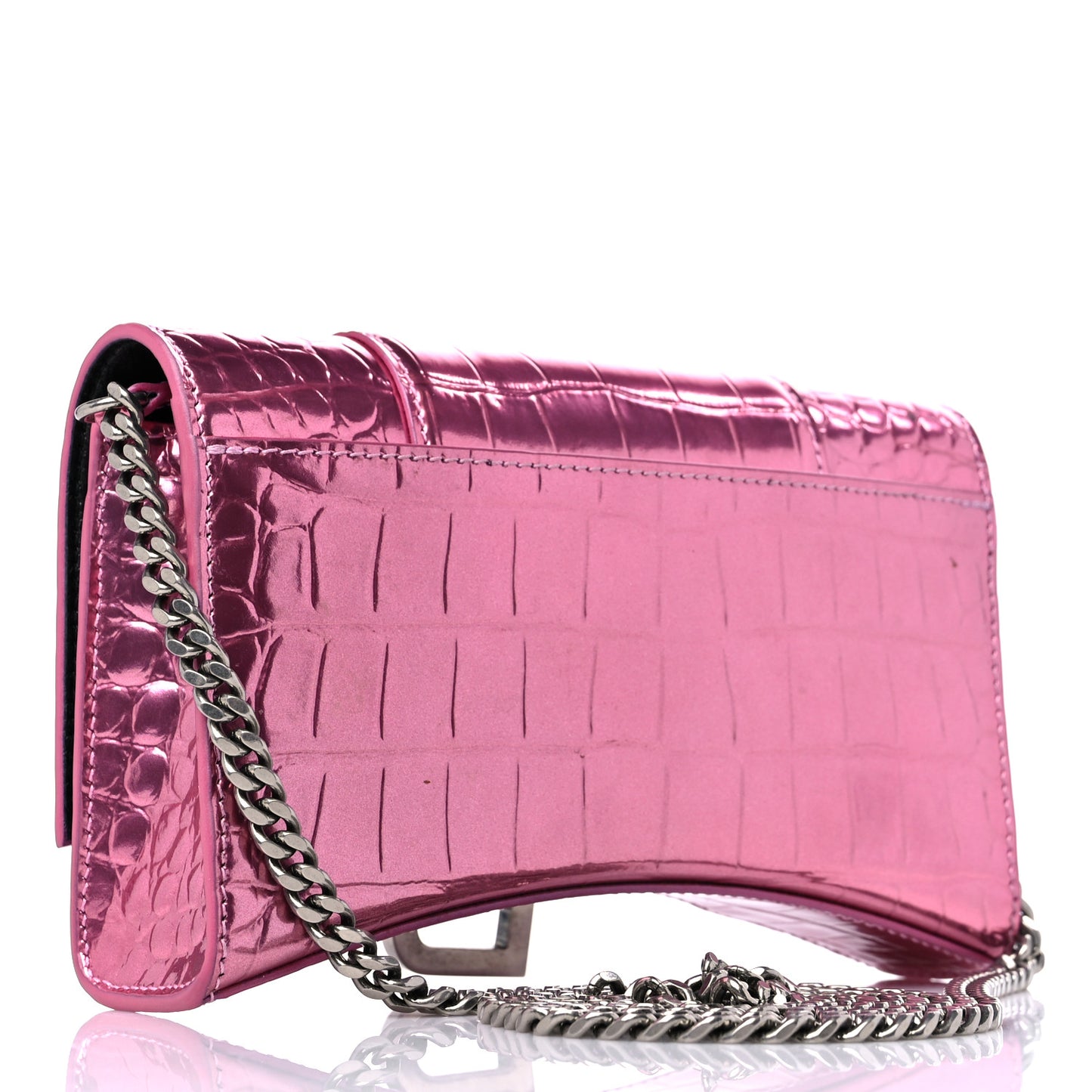 Metallic Shiny Calfskin Crocodile Embossed Hourglass Chain Bag Pink