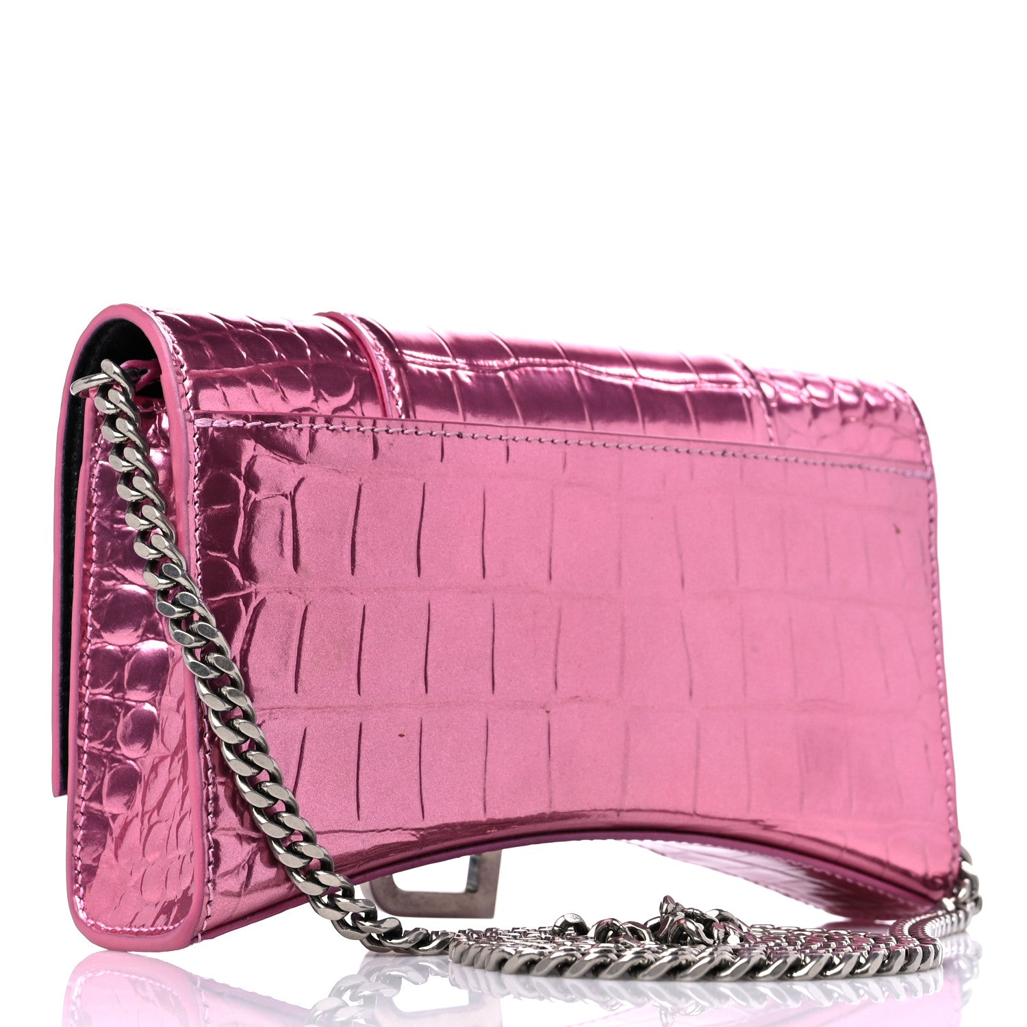 Balenciaga Metallic Shiny Calfskin Crocodile Embossed Hourglass Chain Bag Pink 3 of 13
