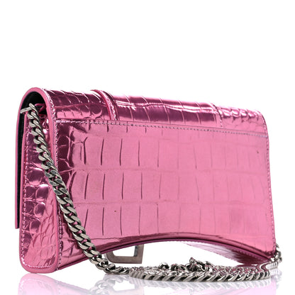 Balenciaga Metallic Shiny Calfskin Crocodile Embossed Hourglass Chain Bag Pink 3 of 13