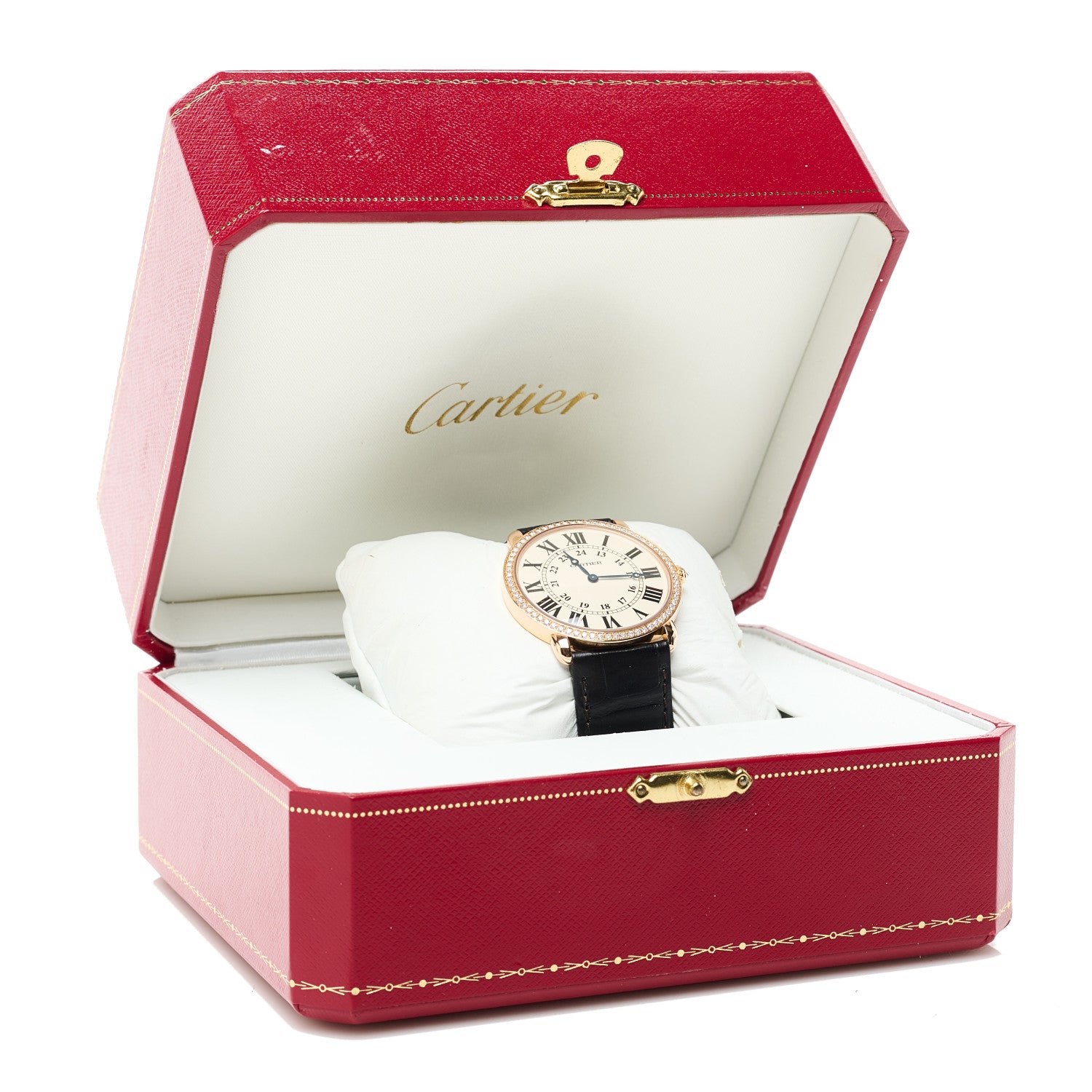 Cartier 18K Pink Gold Alligator Diamond Bezel 36mm Ronde Louis Manual Winding Watch Brown 5 of 5