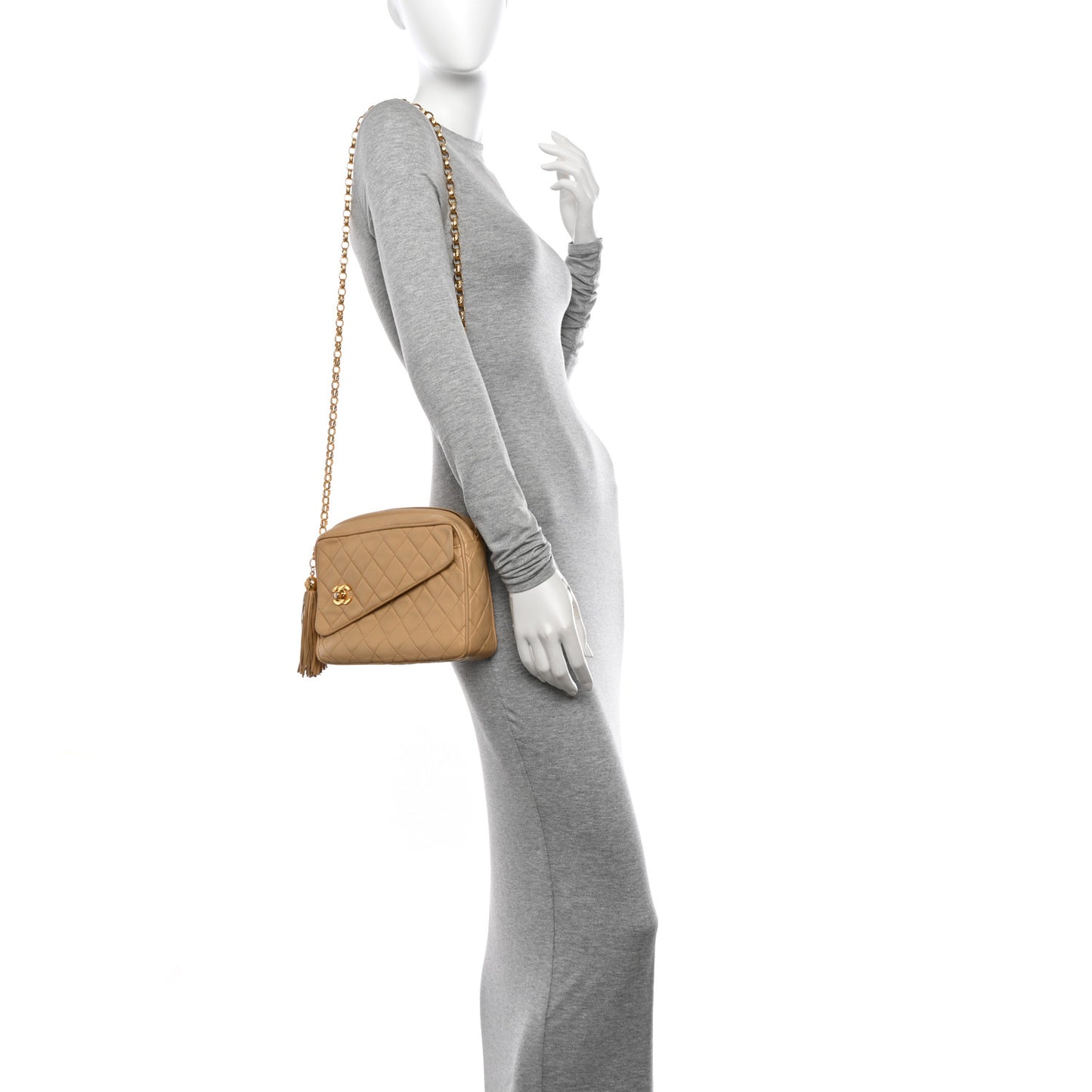 Lambskin Quilted Tassel Flap Camera Case Beige