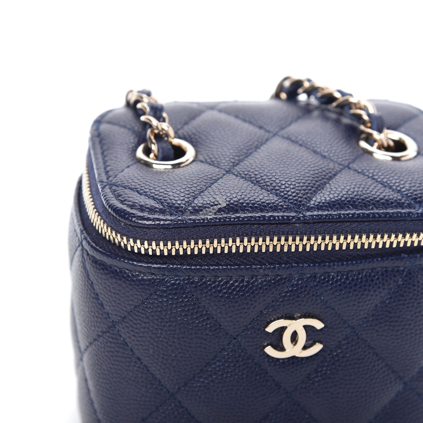 Caviar Quilted Mini Vanity Case With Chain Navy Blue