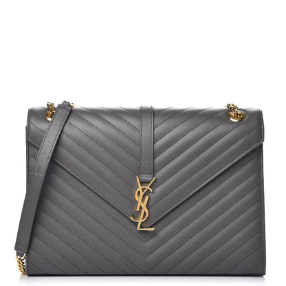 Saint Laurent Grain De Poudre Matelasse Chevron Large Monogram Satchel Earth 1 of 9
