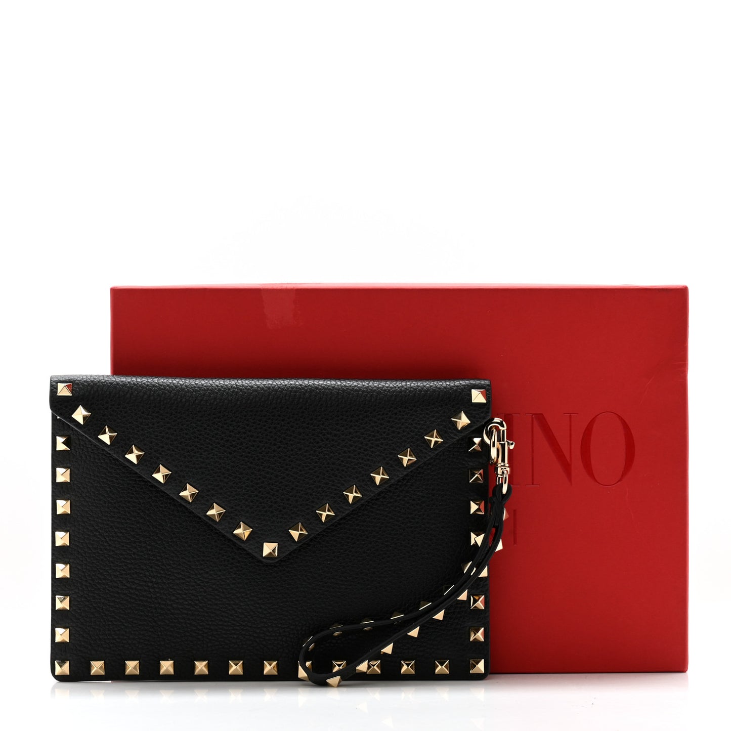Pebbled Calfskin Medium Rockstud Envelope Flat Wristlet Pouch Black