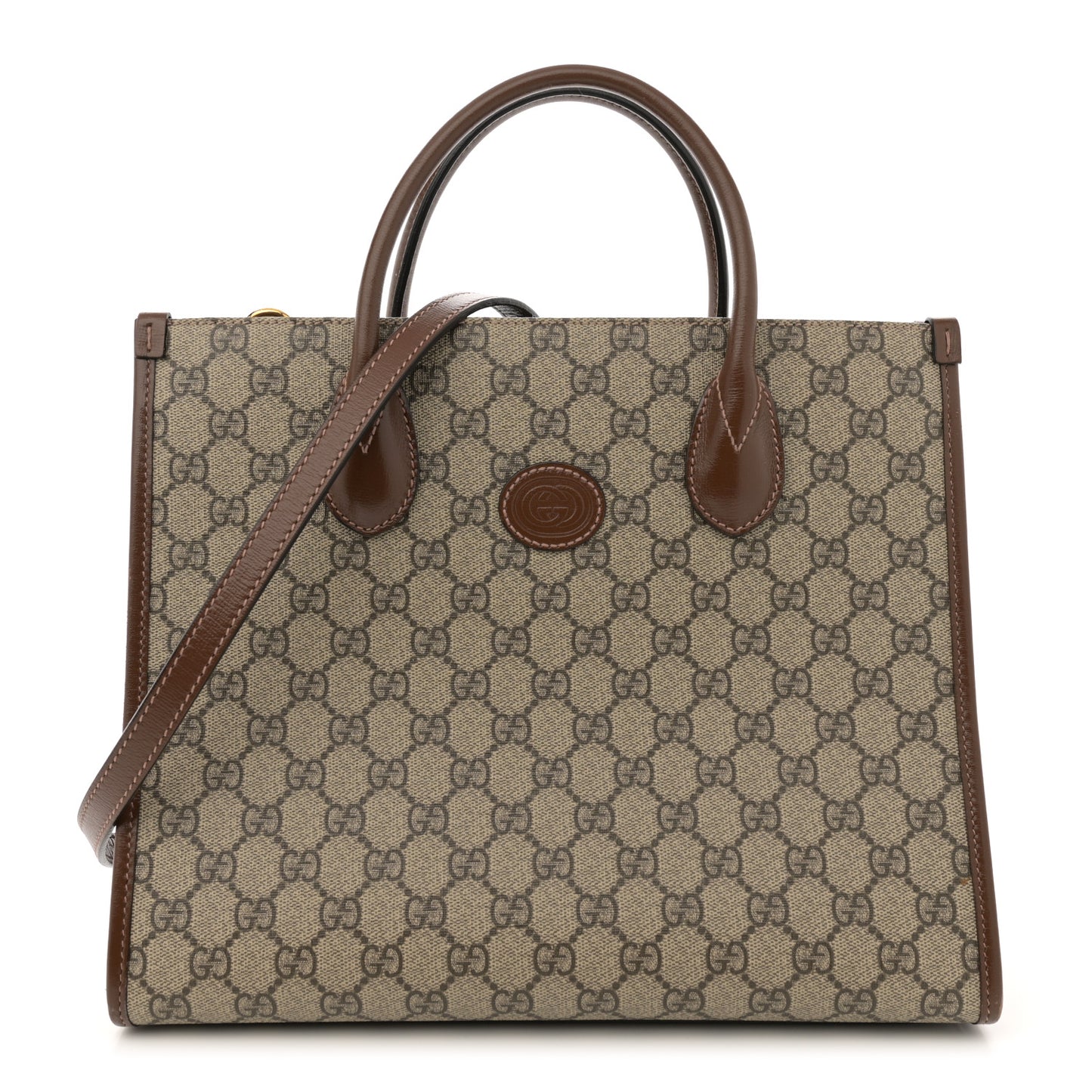 GG Supreme Monogram Azalea Calfskin Small Retro Interlocking G Tote Bag Beige Ebony Brown Sugar