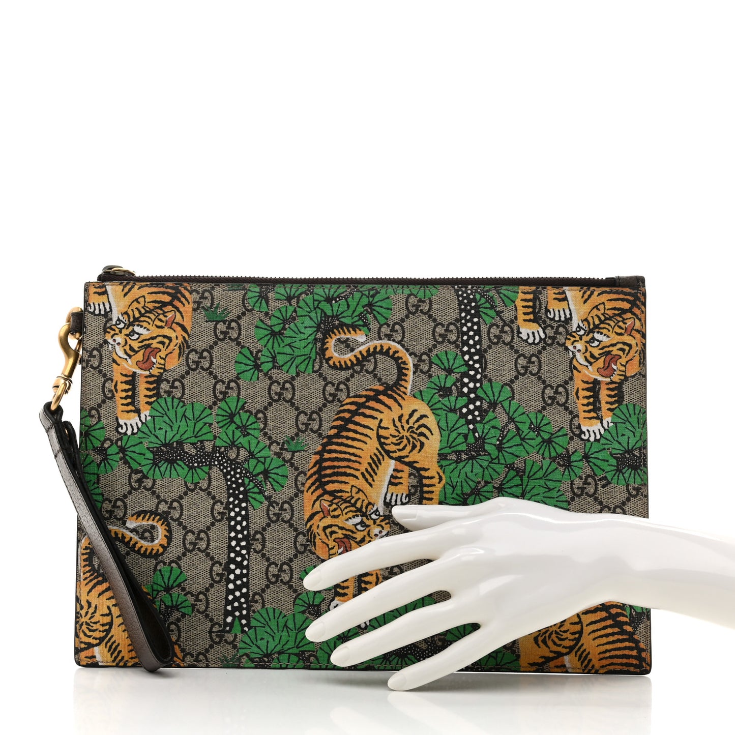 GG Supreme Monogram Bengal Zip Wristlet Pouch Beige Yard