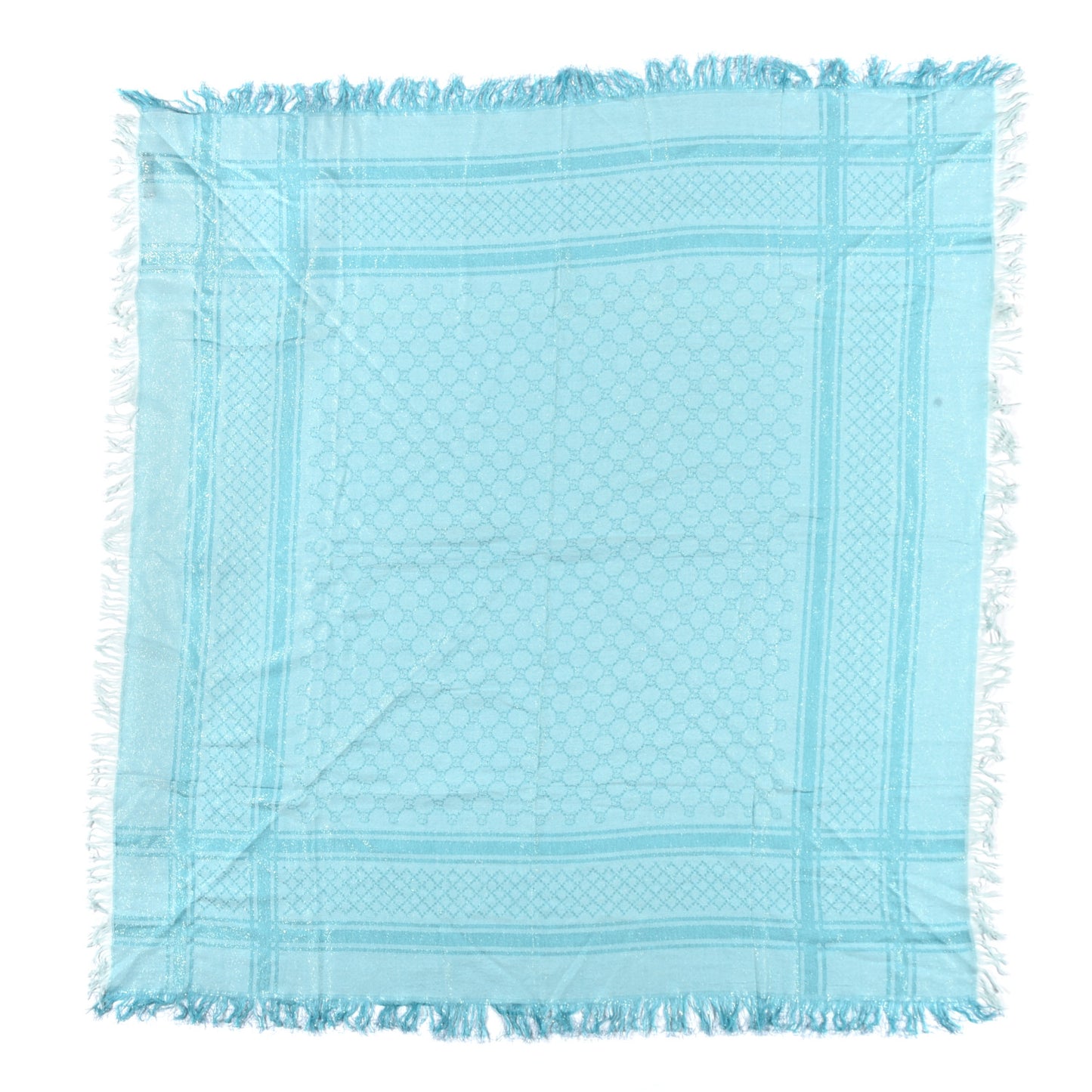 Wool Silk Monogram Diamanti Fringe Shawl Aquamarine