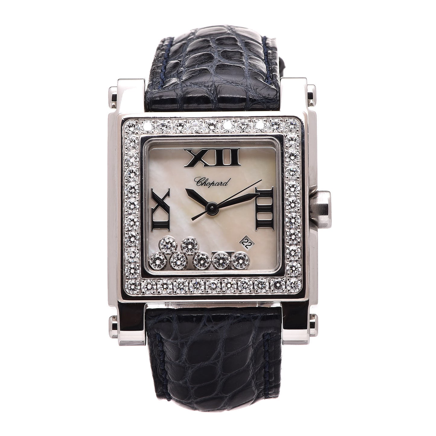 Stainless Steel Alligator Diamond Bezel Mother of Pearl 30mm Happy Sport Quartz Watch