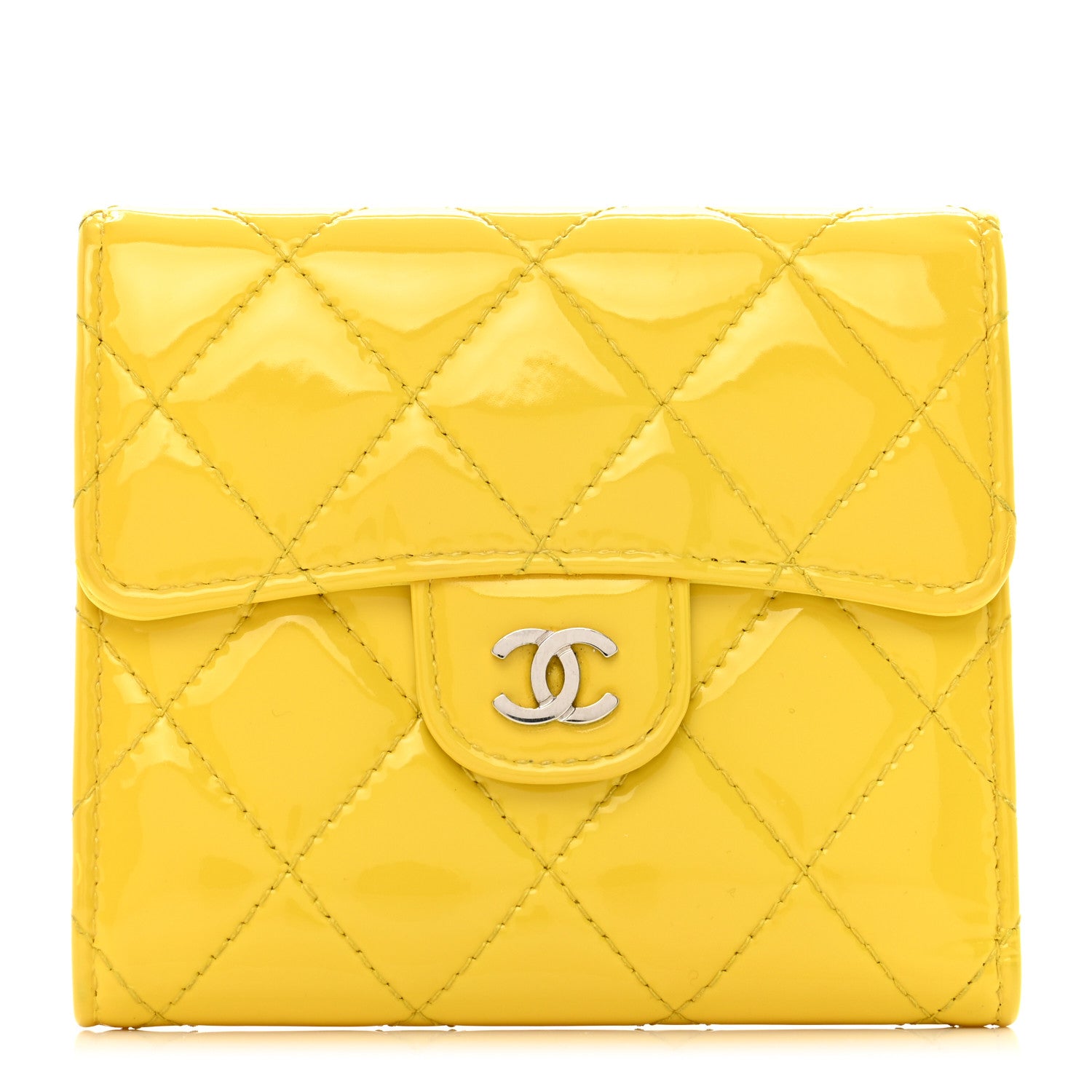Chanel Patent Quilted Compact Flap Wallet Yellow 1 of 8