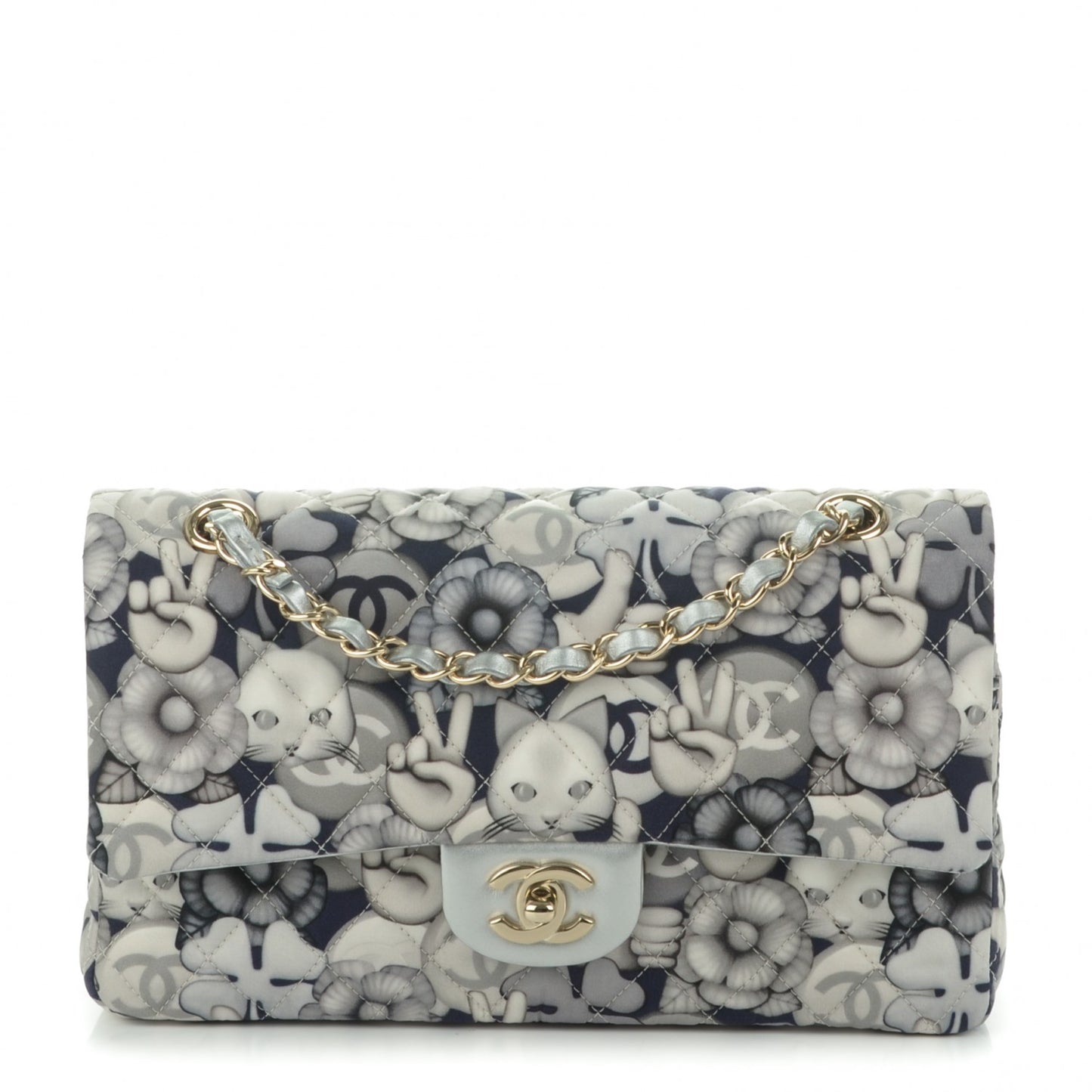 Nylon Quilted Medium Cat Emoticon Double Flap Navy Grey Ecru