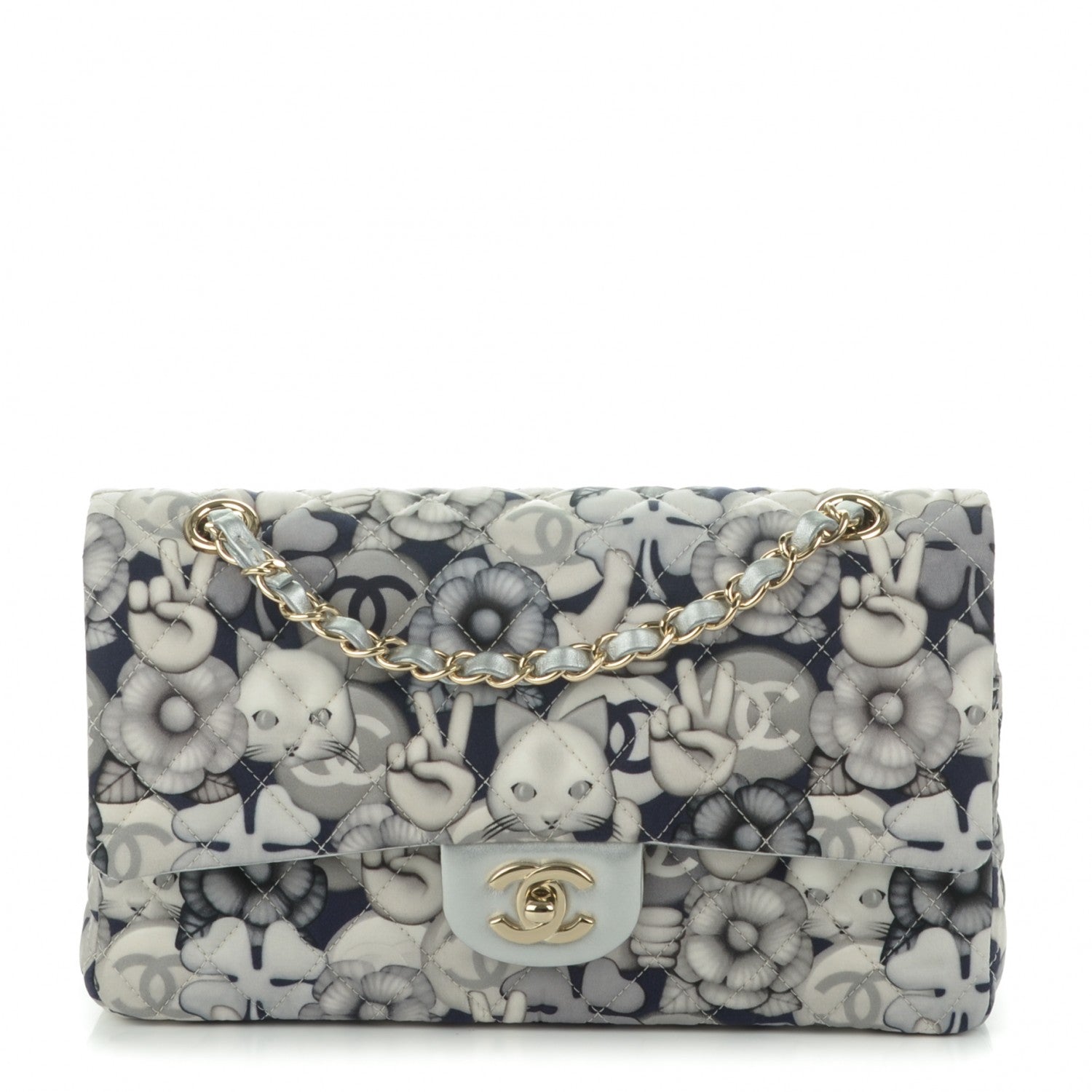 Chanel Nylon Quilted Medium Cat Emoticon Double Flap Navy Grey Ecru 1 of 7