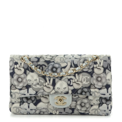 Chanel Nylon Quilted Medium Cat Emoticon Double Flap Navy Grey Ecru 1 of 7