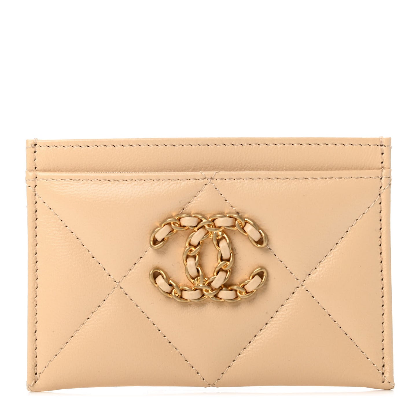 Shiny Goatskin Quilted Chanel 19 Card Holder Beige