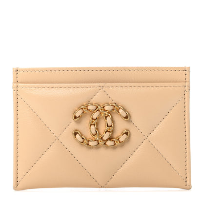 Chanel Shiny Goatskin Quilted Chanel 19 Card Holder Beige 1 of 4