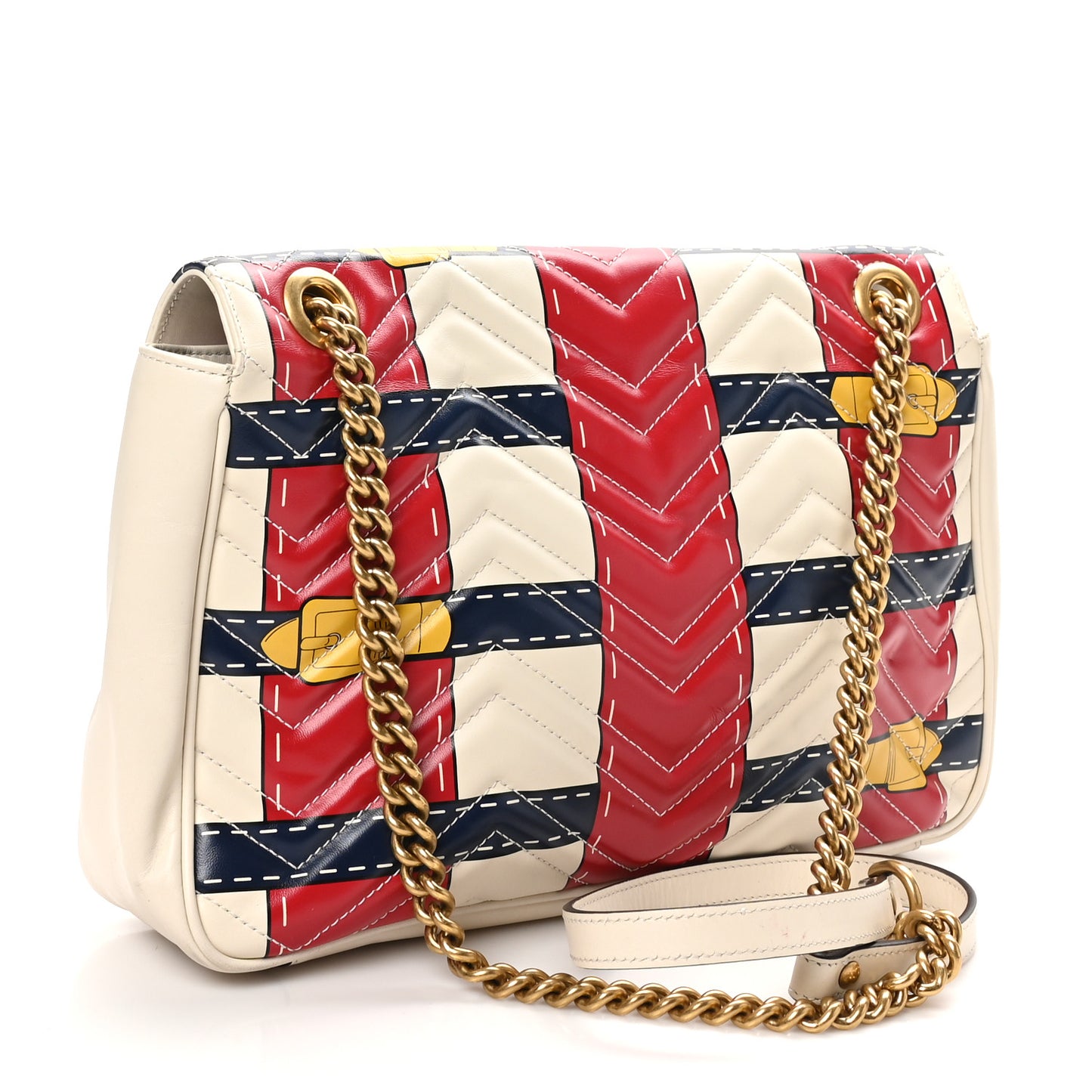 Calfskin Matelasse Trompe L'Oeil Print Medium GG Marmont Shoulder Bag Mystic White Hibiscus Red Marine Giallo