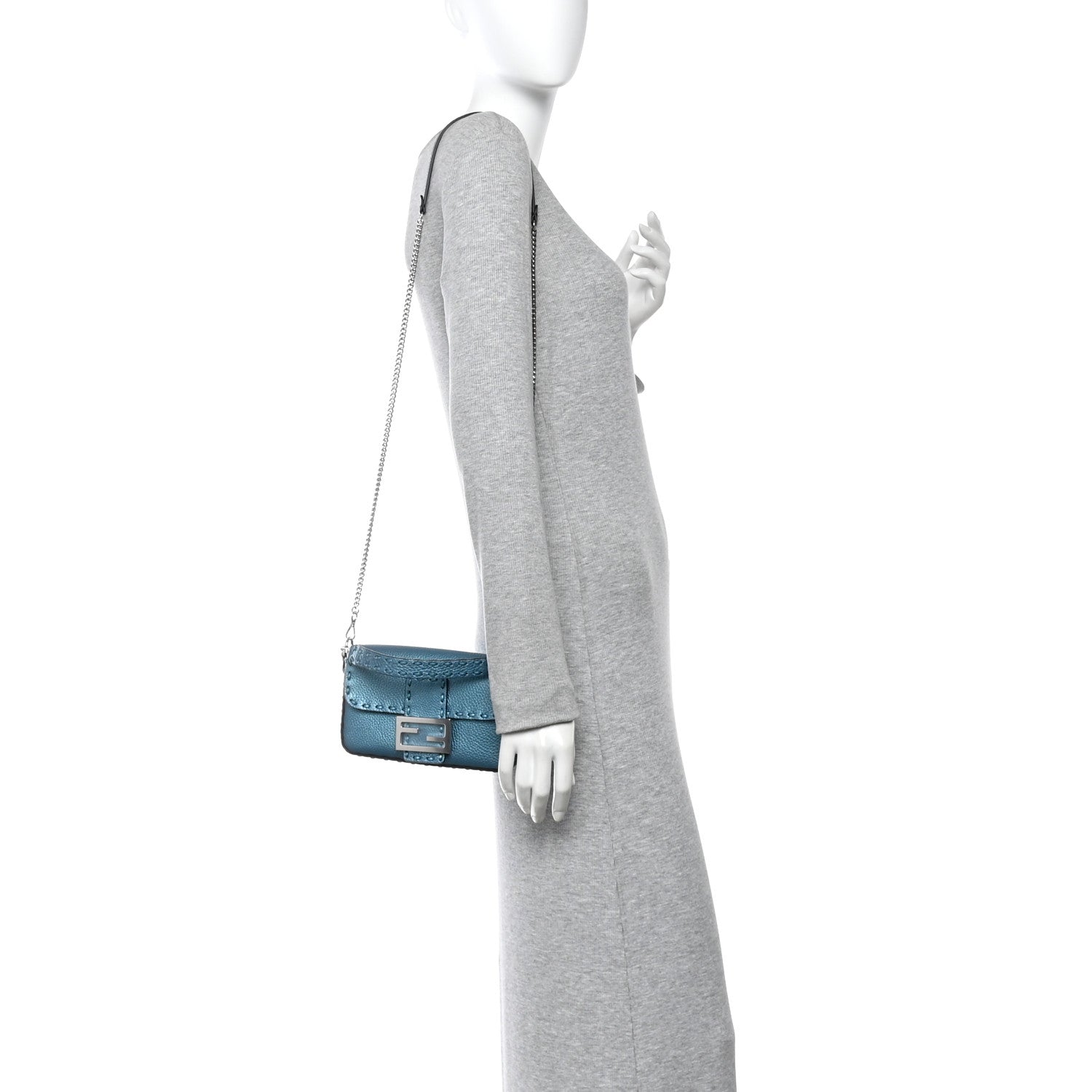 Fendi Metallic Cuoio Roma Sellerissima Nappa Sintetica Tape Stitch Mini Baguette Placca Argento 2 of 10