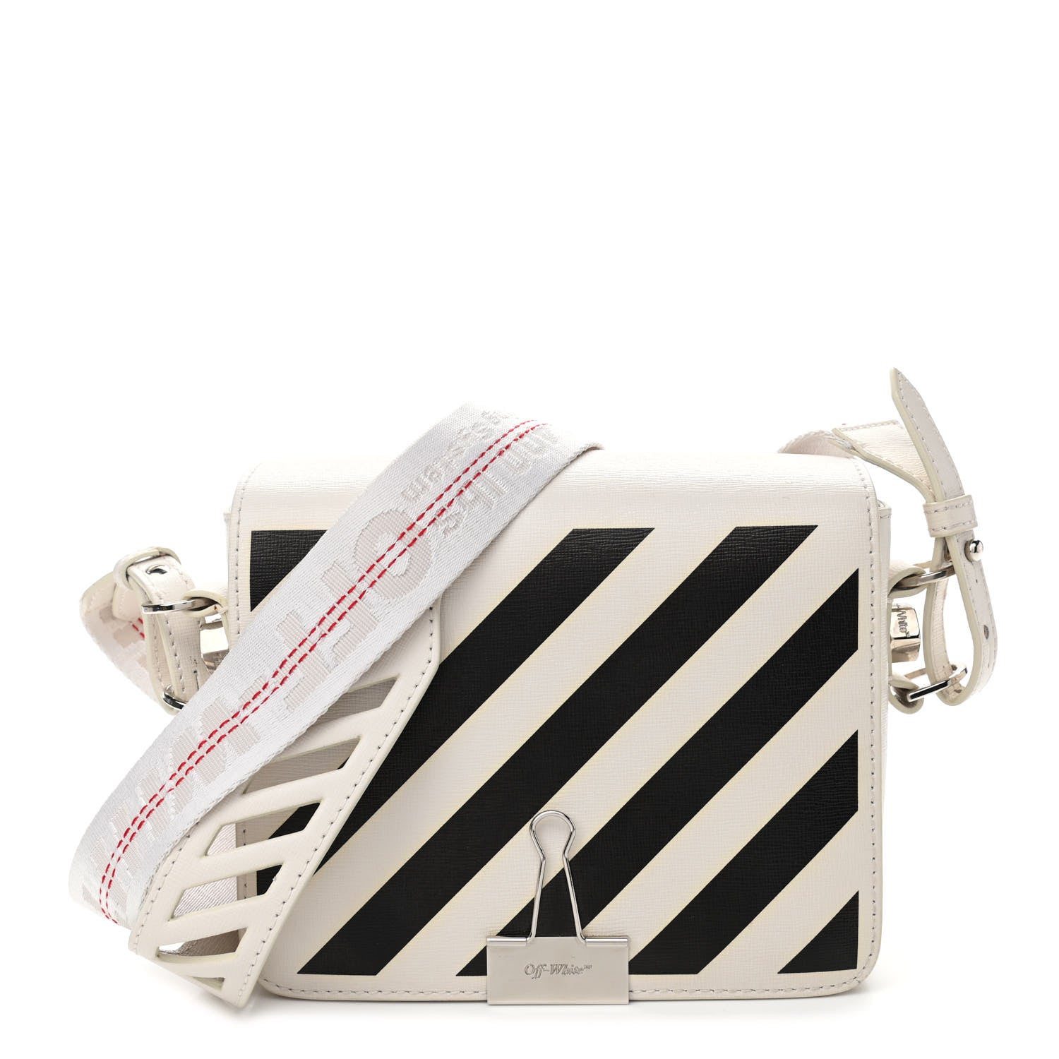 Off-White Saffiano Striped Diag Binder Flap Bag White Black 1 of 10