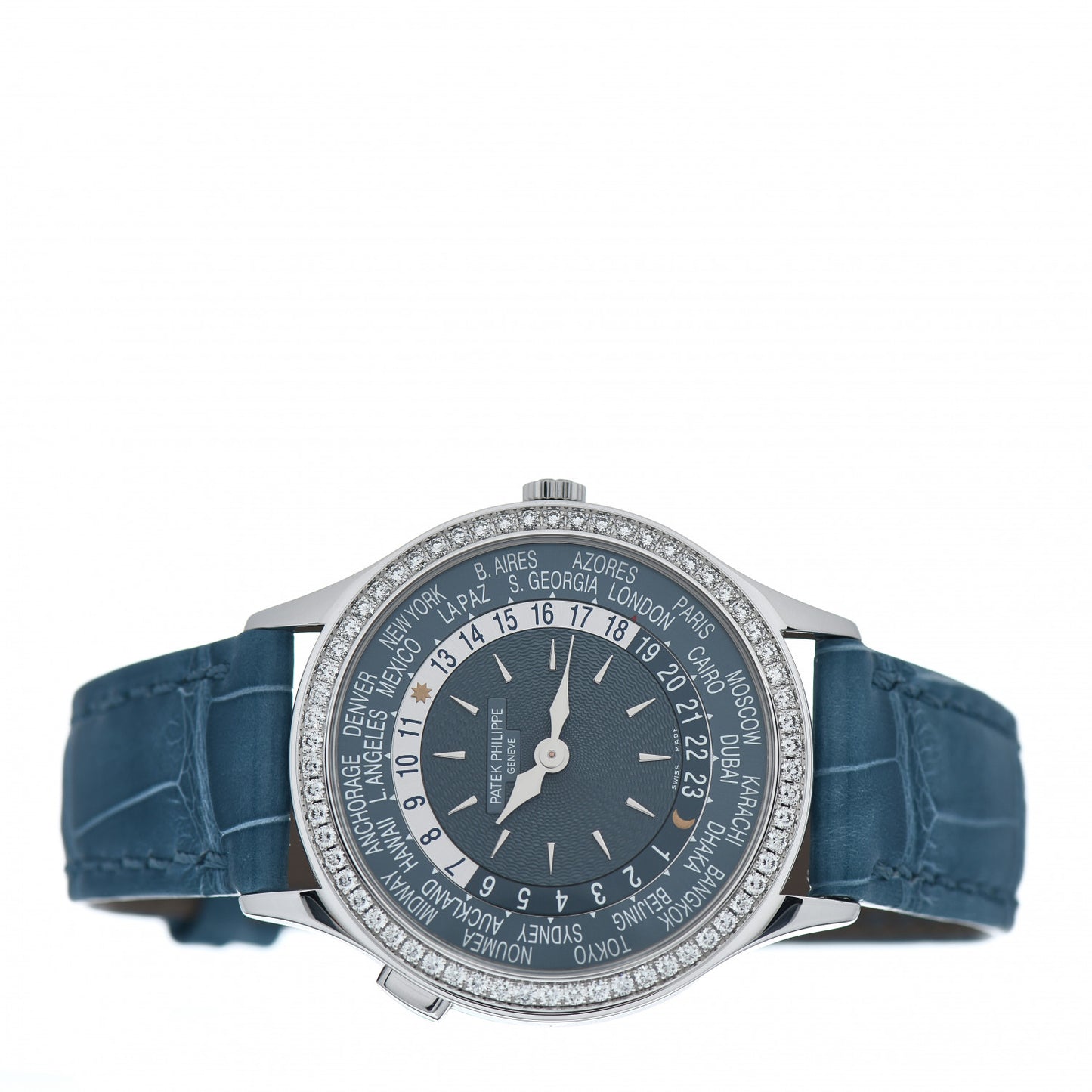 18K White Gold Alligator Diamond 36mm Complications World Time Automatic Watch Blue 7130G-016