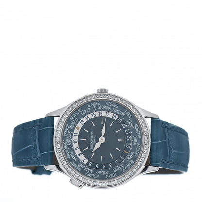 Patek Philippe 18K White Gold Alligator Diamond 36mm Complications World Time Automatic Watch Blue 7130G-016 2 of 5