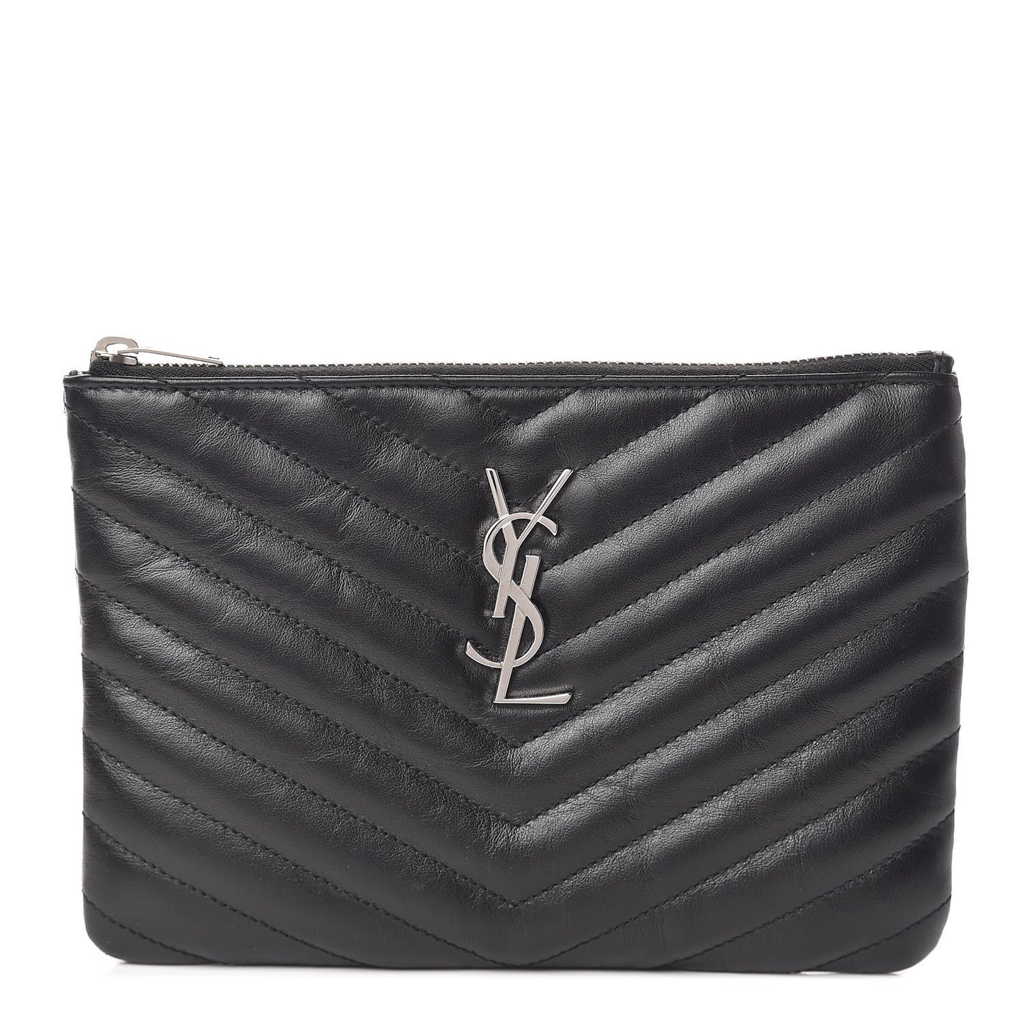 Calfskin Matelasse Chevron Monogram Pouch Black