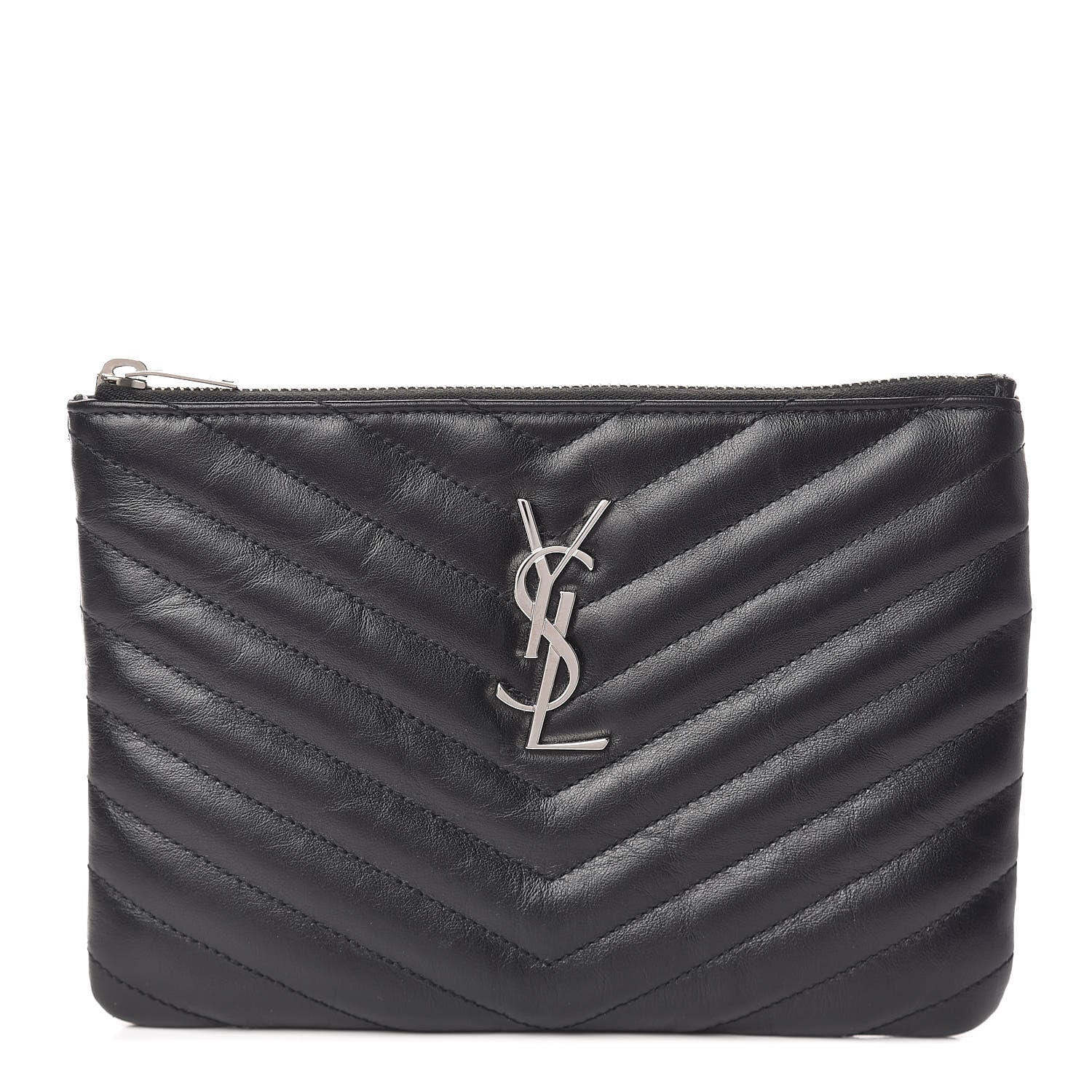 Saint Laurent Calfskin Matelasse Chevron Monogram Pouch Black 1 of 8