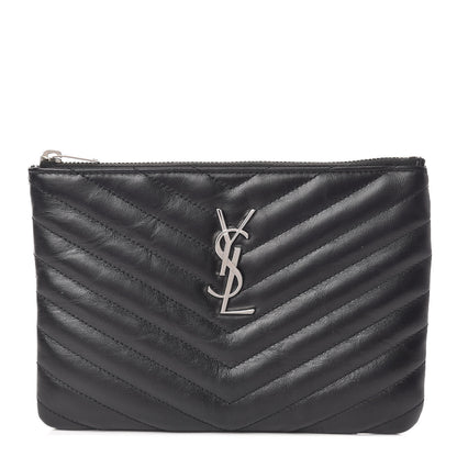 Saint Laurent Calfskin Matelasse Chevron Monogram Pouch Black 1 of 8