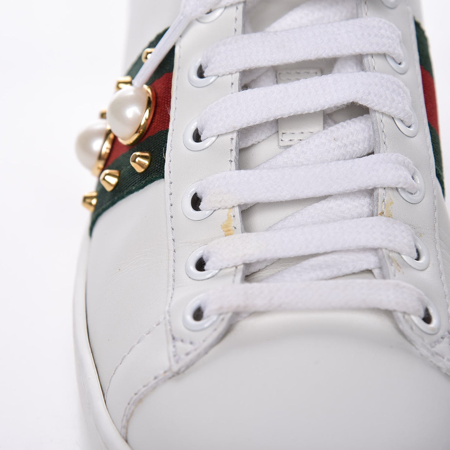 Calfskin Web Pearl Studded Womens Ace Sneakers 36 White