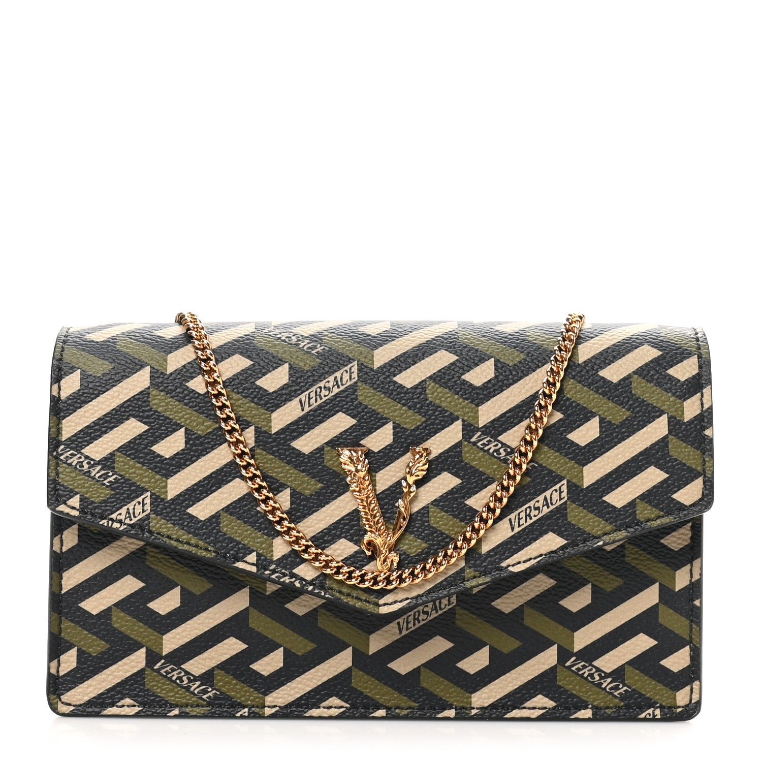 Versace Coated Canvas Virtus La Greca Signature Shoulder Bag Black Khaki 1 of 9