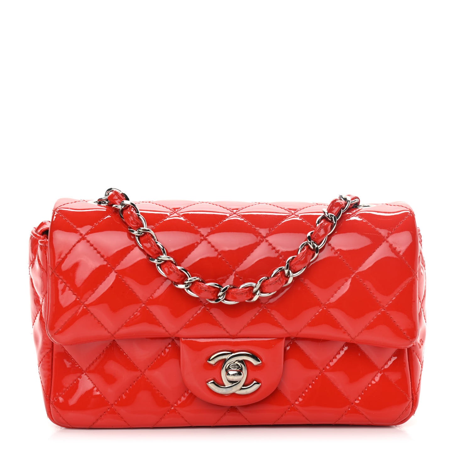 Patent Calfskin Quilted Mini Rectangular Flap Red