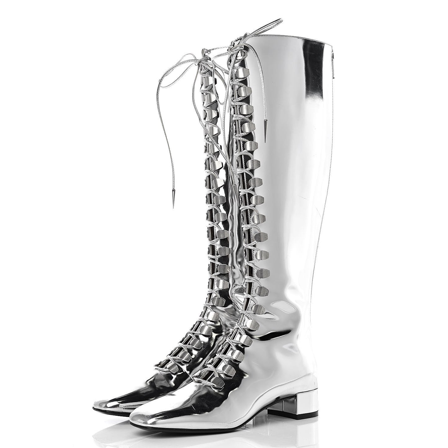 Mirror Finish Calfskin Hardior Lace Up Boots 35.5 Silver