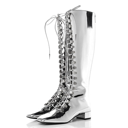 Christian Dior Mirror Finish Calfskin Hardior Lace Up Boots 35.5 Silver 3 of 9