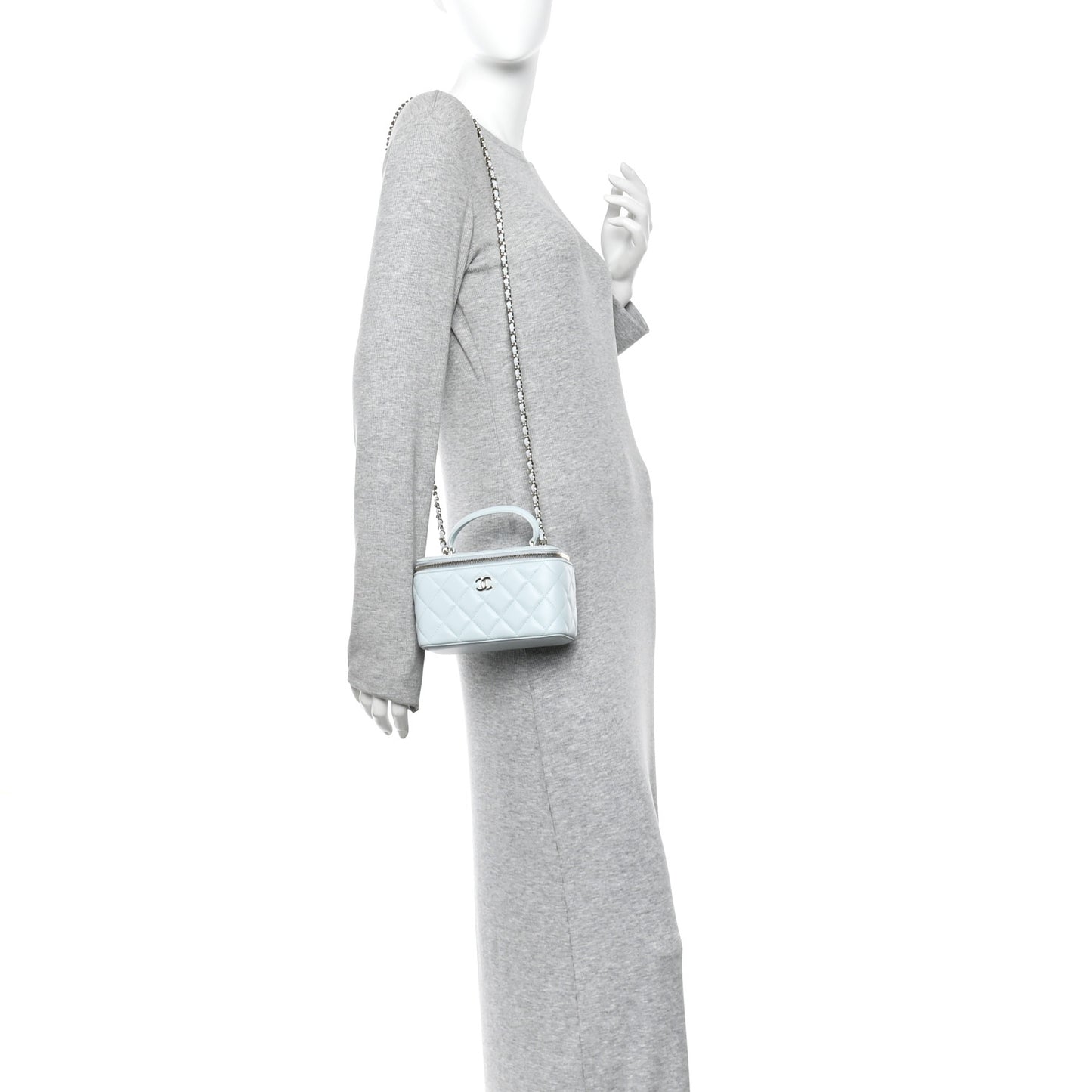 Lambskin Quilted Small Top Handle Vanity Case With Chain Light Blue